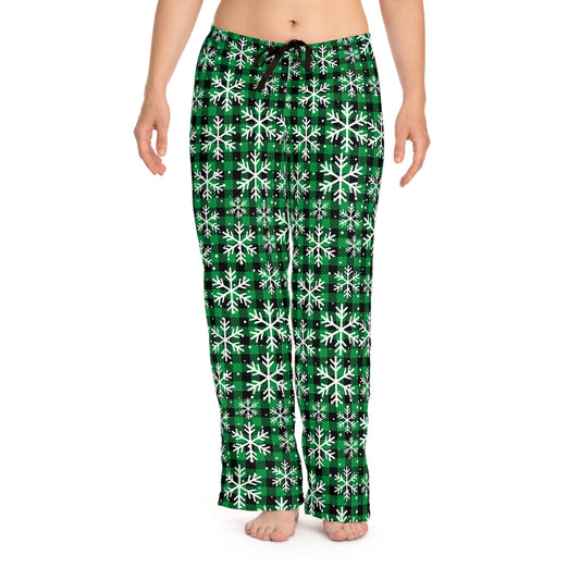 Green and White Snowflakes - Women's Pajama Pants (AOP)
